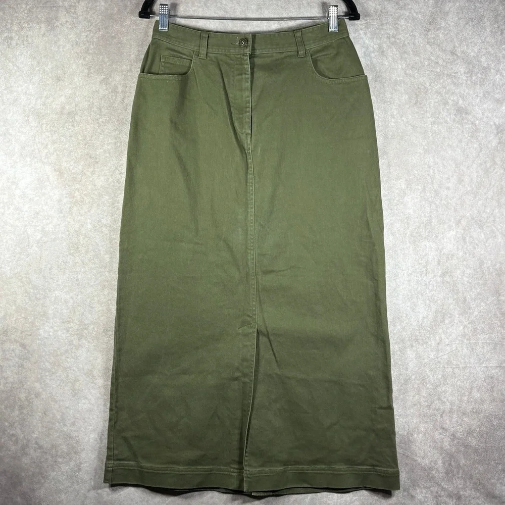 Christopher & Banks Maxi Skirt Womens Size 10 Green Denim Stretch Front Slit